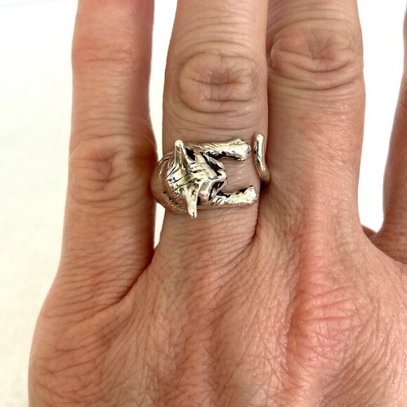 Sterling Silver 925 Adjustable 3D Cat Kitten Animal Wide Band Bypass Ring Sz 6 - Picture 2 of 16